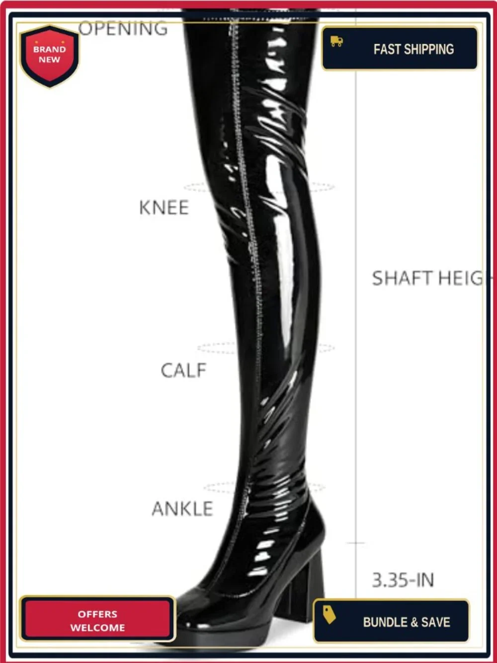 Over the Knee Boots Women Platform Chunky Heel Square Toe Patent Leather PU